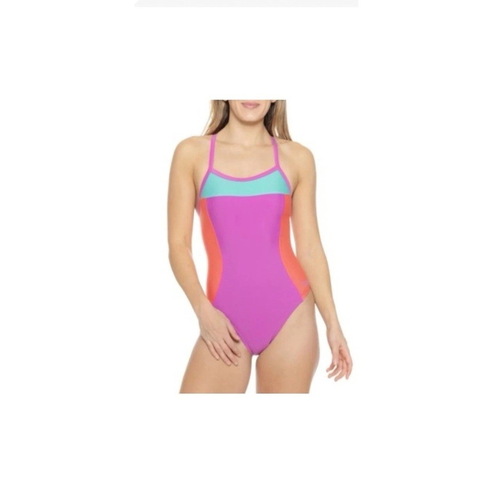 Speedo Women's Color-Block Propel Back One-Piece Swimsuit Neon Violet Sz 36 NEW!